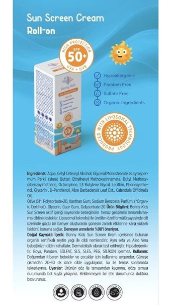 Bonny Kids 50 Faktör Tüm Ciltler İçin Parabensiz Bebek Güneş Kremi 50 ml