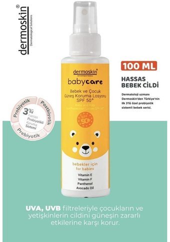 Dermoskin Babycare 50 Faktör Hassas Ciltler İçin Suya Dayanıklı Parabensiz Bebek Yüz ve Vücut Güneş Losyonu 100 ml