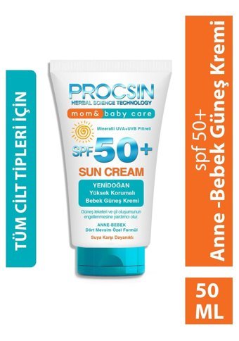 Procsin Baby 50 Faktör Tüm Ciltler İçin Suya Dayanıklı Parfümsüz Parabensiz Bebek Yüz ve Vücut Güneş Kremi 50 ml