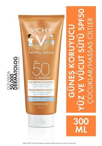 Vichy Capital Soleil 50 Faktör Hassas Ciltler İçin Suya Dayanıklı Parfümsüz Bebek Yüz ve Vücut Güneş Sütü 300 ml