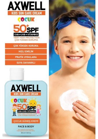 Axwell Kids 50 Faktör Tüm Ciltler İçin Bebek Yüz ve Vücut Güneş Kremi 100 ml