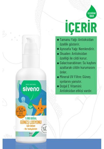 Siveno 50 Faktör Tüm Ciltler İçin Suya Dayanıklı Parabensiz Bebek Yüz ve Vücut Güneş Losyonu 100 ml