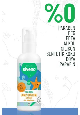 Siveno 50 Faktör Tüm Ciltler İçin Suya Dayanıklı Parabensiz Bebek Yüz ve Vücut Güneş Losyonu 100 ml