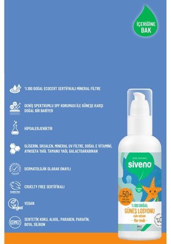 Siveno 50 Faktör Tüm Ciltler İçin Suya Dayanıklı Parabensiz Bebek Yüz ve Vücut Güneş Losyonu 100 ml