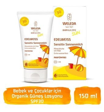 Weleda 30 Faktör Hassas Ciltler İçin Suya Dayanıklı Parfümsüz Parabensiz Bebek Yüz ve Vücut Güneş Kremi 150 ml