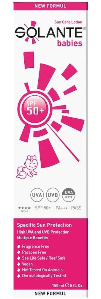 Solante Babies 50 Faktör Tüm Ciltler İçin Yağsız Suya Dayanıklı Parfümsüz Parabensiz Bebek Yüz ve Vücut Güneş Kremi 150 ml