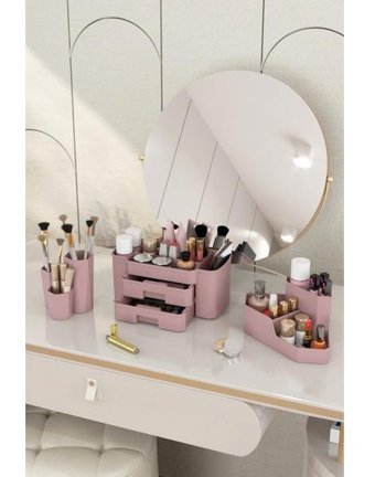 Dovi Home 3'lü Set 3 Katlı Dönebilen 2 Çekmeceli Makyaj Organizeri Gül Kurusu