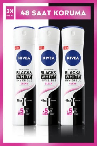 Nivea Black&White Invisible Clear Sprey Kadın Deodorant 3x150 ml