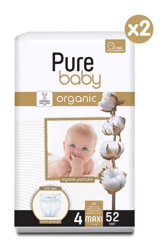 Pure Baby 4 Numara Organik Cırtlı Bebek Bezi 2x104 Adet