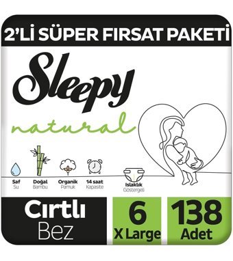 Sleepy Natural 6 Numara Organik Cırtlı Bebek Bezi 2x138 Adet