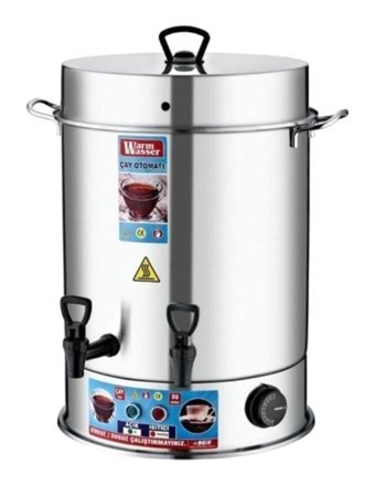 Warm Wasser 1300 W 20 lt Su Kapasiteli Çelik Tek Demlikli 250 Bardak Çift Musluklu Çelik Elektrikli Semaver Gri