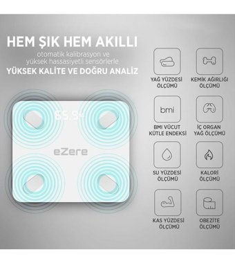 Ezere Yağ Ölçen Vücut Analizi Yapan Bluetoothlu Kas Ölçen Dijital Akıllı Tartı