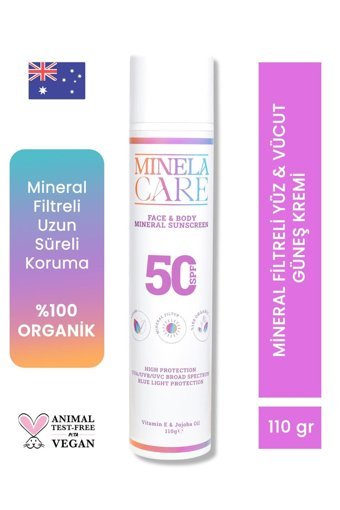 Minela Care Organik 50 Faktör Tüm Ciltler İçin Nemlendirici Mineral Filtreli Suya Dayanıklı Yüz ve Vücut Güneş Kremi 110 gr