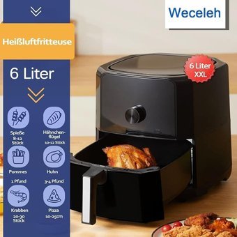 Weceleh Airfryer 6 lt Tek Hazneli Led Ekranlı Yağsız Sıcak Hava Fritözü Siyah