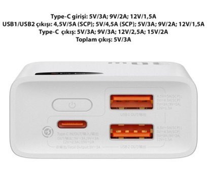 Westus Ultra Hızlı 10000 mAh Hızlı Şarj Powerbank Beyaz