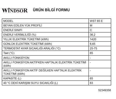 Windsor WST 65 E 2000 W C Enerji Sınıfı 65 lt Dijital Dikey Tezgah Üstü Elektrikli Termosifon