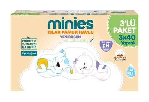 Minies Yenidoğan 40 Yaprak 3'lü Paket Islak Bebek Havlusu