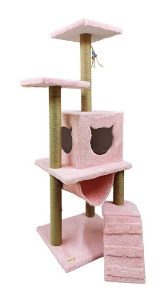 Mavi Kaktüs Oturaklı Oyuncaklı Merdivenli Katlı 125 cm Kedi Tırmalama Evi Pembe