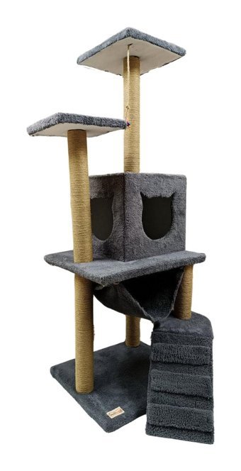 Mavi Kaktüs Oturaklı Oyuncaklı Merdivenli Katlı 125 cm Kedi Tırmalama Evi Antrasit