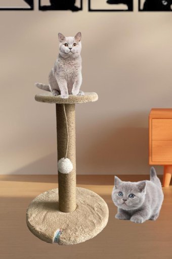 Nursoft Oturaklı Oyuncaklı 42 cm Kedi Tırmalama Tahtası Bej