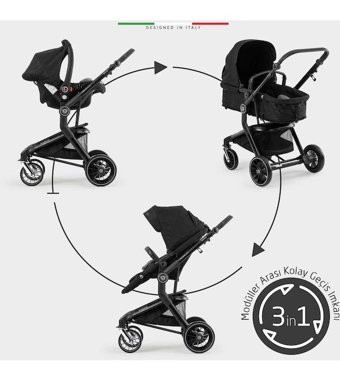 Elele Axis 360 Çift Yönlü Katlanır 360 Derece Dönebilen Tam Yatar Travel Sistem Bebek Arabası Siyah
