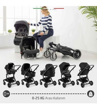 Elele Axis 360 Çift Yönlü Katlanır 360 Derece Dönebilen Tam Yatar Travel Sistem Bebek Arabası Siyah
