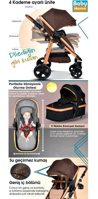Baby Home 940 Çift Yönlü Katlanır Tek Elle Kapanan 360 Derece Dönebilen Tam Yatar Travel Sistem Bebek Arabası Gri-Siyah
