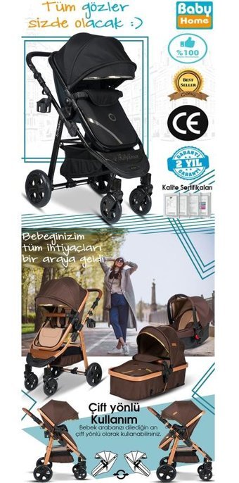 Baby Home 940 Çift Yönlü Katlanır Tek Elle Kapanan 360 Derece Dönebilen Tam Yatar Travel Sistem Bebek Arabası Gri-Siyah