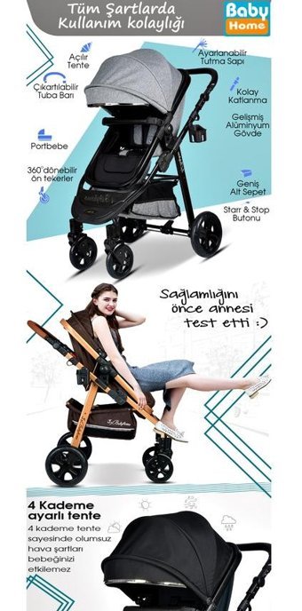 Baby Home 940 Çift Yönlü Katlanır Tek Elle Kapanan 360 Derece Dönebilen Tam Yatar Travel Sistem Bebek Arabası Gri-Siyah
