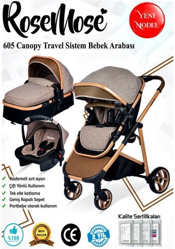 Rose Mose 605 Çift Yönlü Katlanır 360 Derece Dönebilen Tam Yatar Travel Sistem Bebek Arabası Siyah