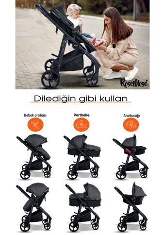 Rose Mose 605 Çift Yönlü Katlanır 360 Derece Dönebilen Tam Yatar Travel Sistem Bebek Arabası Siyah