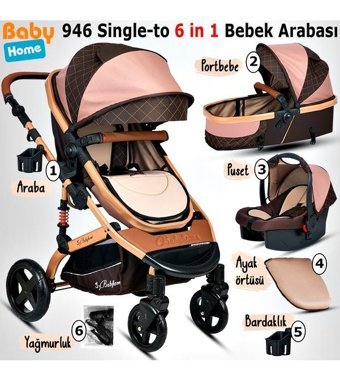Baby Home 946 Çift Yönlü 360 Derece Dönebilen Tam Yatar Travel Sistem Bebek Arabası Altın Kahverengi