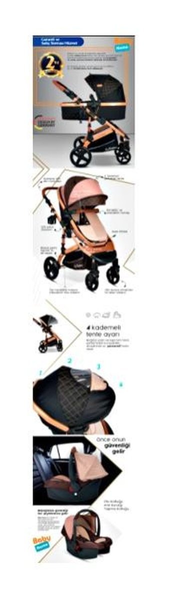 Baby Home 946 Çift Yönlü 360 Derece Dönebilen Tam Yatar Travel Sistem Bebek Arabası Altın Kahverengi