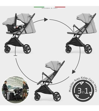 Elele Goldie Katlanır 360 Derece Dönebilen Tam Yatar Kabin Tipi Travel Sistem Bebek Arabası Gri-Siyah