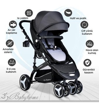 Baby Home 945 Çift Yönlü Katlanır 360 Derece Dönebilen Tam Yatar Travel Sistem Bebek Arabası Altın-Siyah