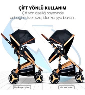 Baby Home 945 Çift Yönlü Katlanır 360 Derece Dönebilen Tam Yatar Travel Sistem Bebek Arabası Siyah