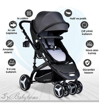 Baby Home 945 Çift Yönlü Katlanır 360 Derece Dönebilen Tam Yatar Travel Sistem Bebek Arabası Siyah