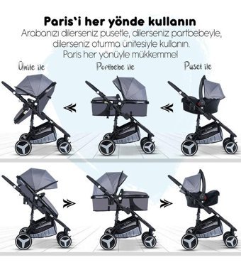 Baby Home 945 Çift Yönlü Katlanır 360 Derece Dönebilen Tam Yatar Travel Sistem Bebek Arabası Siyah