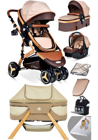 Baby Home 945 Çift Yönlü Katlanır 360 Derece Dönebilen Tam Yatar Travel Sistem Bebek Arabası Altın Kahverengi