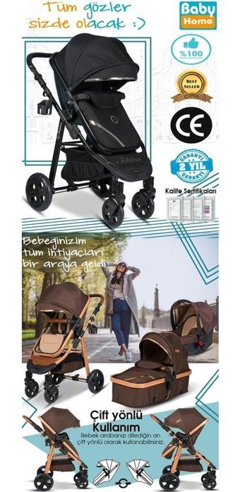 Baby Home Çift Yönlü Katlanır 360 Derece Dönebilen Tam Yatar Travel Sistem Bebek Arabası Altın-Siyah
