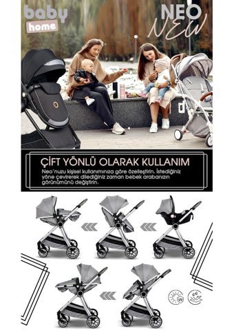 Baby Home Çift Yönlü Katlanır 360 Derece Dönebilen Tam Yatar Travel Sistem Bebek Arabası Gri