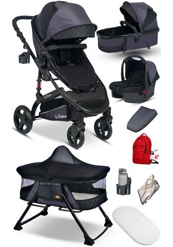 Baby Home Çift Yönlü 360 Derece Dönebilen Tam Yatar Travel Sistem Bebek Arabası Gri-Siyah