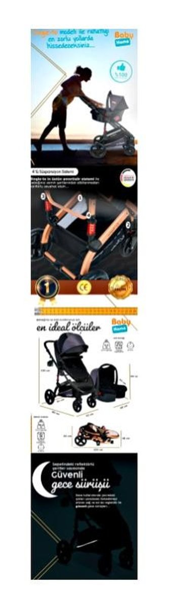 Baby Home Çift Yönlü 360 Derece Dönebilen Tam Yatar Travel Sistem Bebek Arabası Gri-Siyah