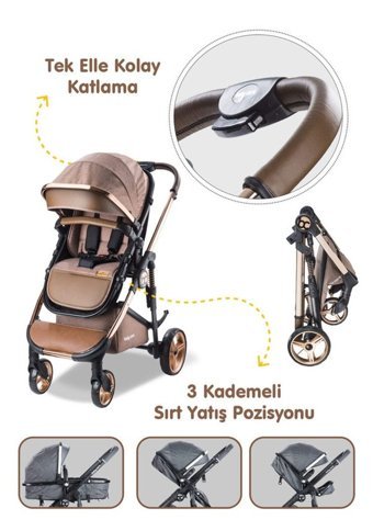Baby Care Black Çift Yönlü Katlanır Travel Sistem Bebek Arabası Kahverengi