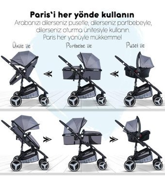 Baby Home 945 Çift Yönlü Katlanır 360 Derece Dönebilen Tam Yatar Travel Sistem Bebek Arabası Gri-Siyah