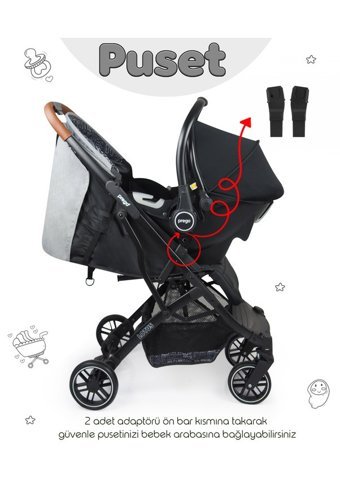 Prego 2032 Solo Katlanır Tam Yatar Kabin Tipi Travel Sistem Bebek Arabası Gri-Siyah