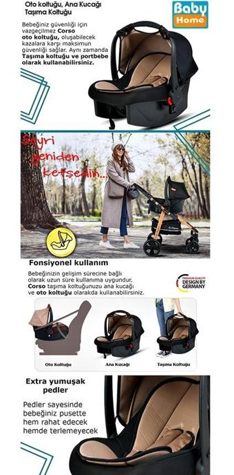 Baby Home 940 Çift Yönlü Katlanır Tek Elle Kapanan 360 Derece Dönebilen Tam Yatar Travel Sistem Bebek Arabası Siyah