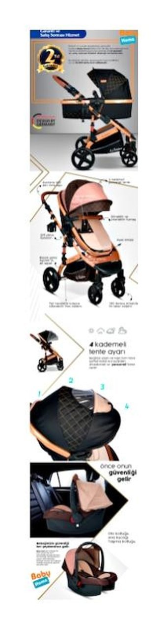 Baby Home Çift Yönlü 360 Derece Dönebilen Tam Yatar Travel Sistem Bebek Arabası Altın Kahverengi