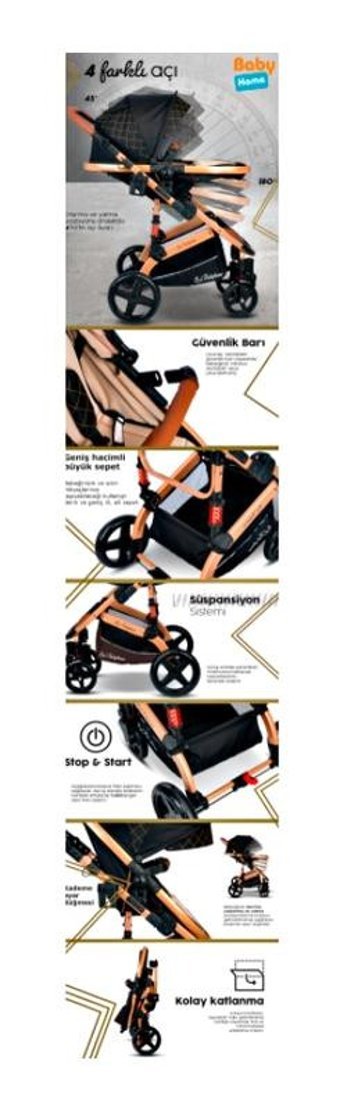 Baby Home Çift Yönlü 360 Derece Dönebilen Tam Yatar Travel Sistem Bebek Arabası Gri