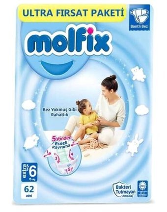 Molfix Bakteri Tutmayan 6 Numara Bantlı Bebek Bezi 62 Adet
